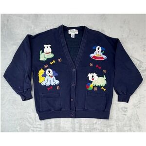 BellePointe Womens Fleece Cardigan Grandmacore Dog Lover Novelty XL Navy Blue